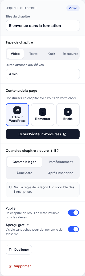 Le panneau d'un chapitre : titre, type, durée, contenu et ouverture