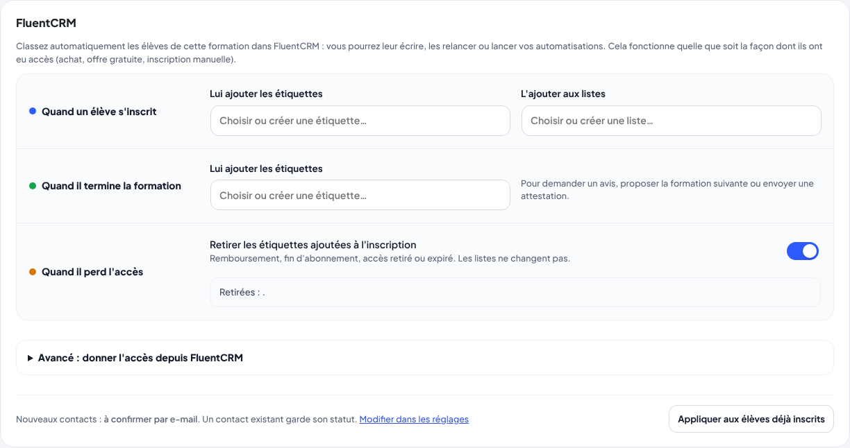 La carte FluentCRM d'une formation