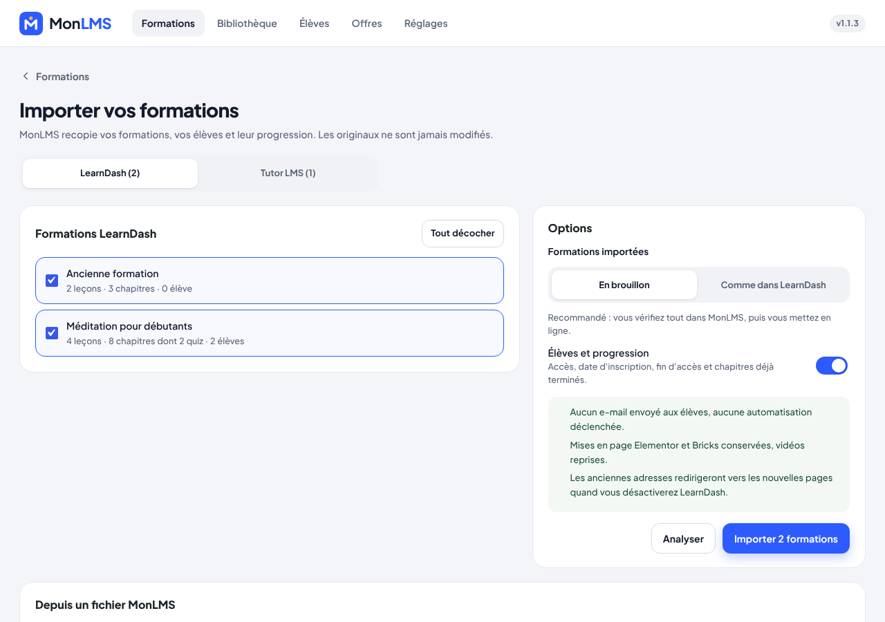 La page d'import, avec deux formations LearnDash