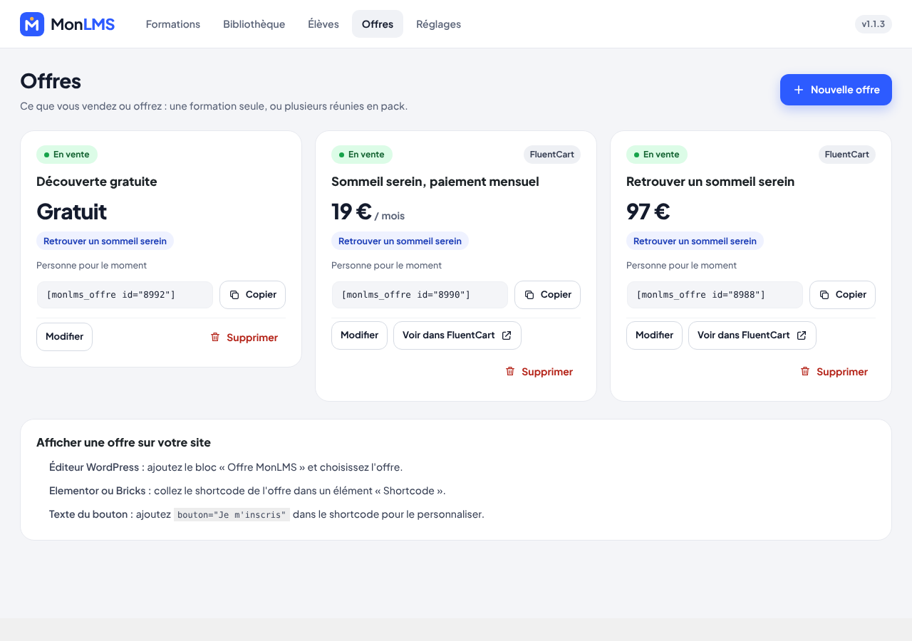 Le menu Offres : une offre gratuite, un abonnement mensuel et un achat unique