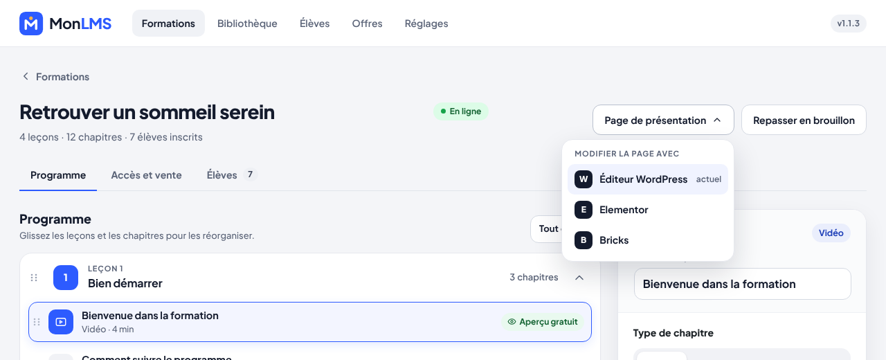 Le menu Page de présentation