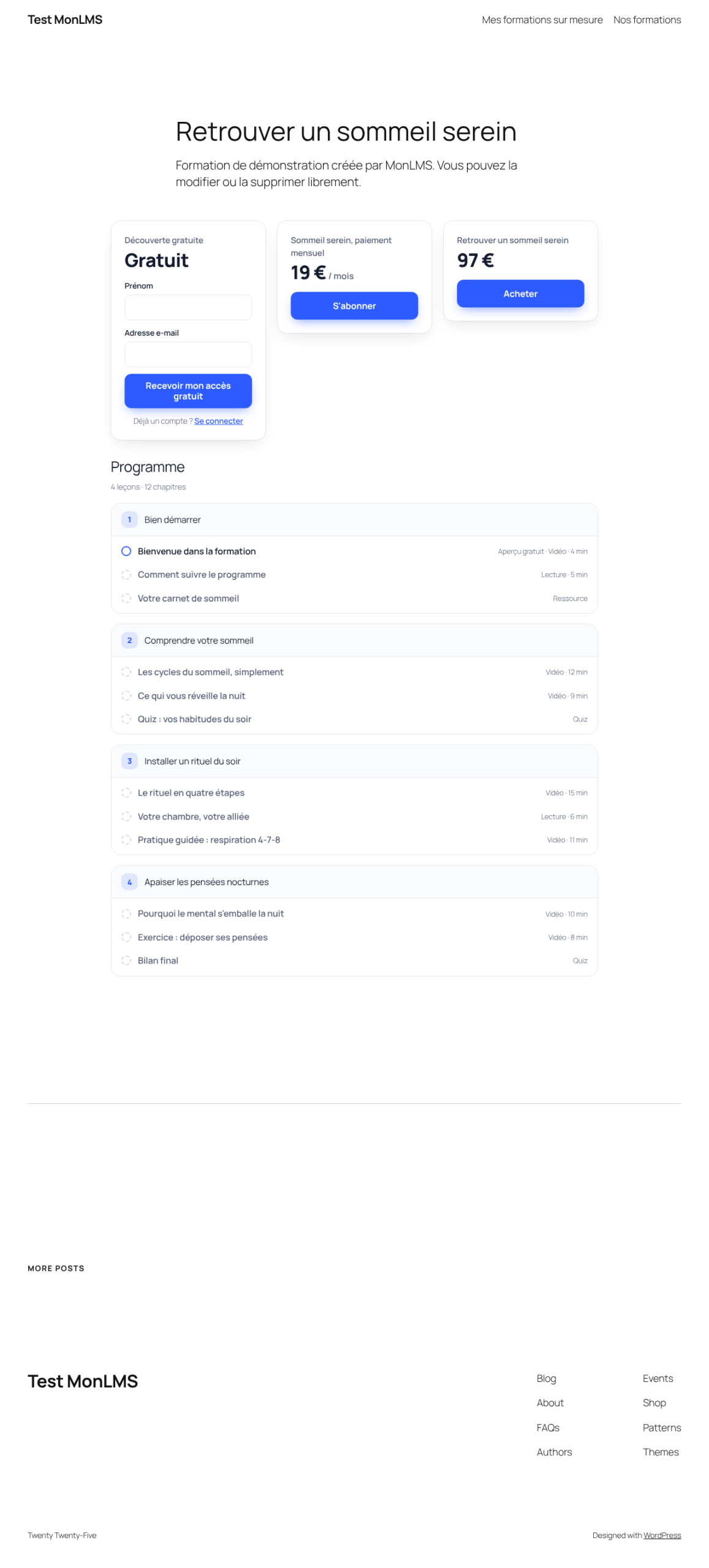 Une page de présentation : texte, offres et programme