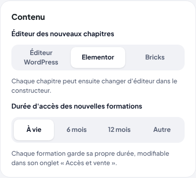 La carte Contenu des réglages