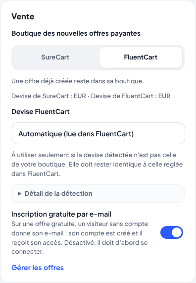 La carte Vente des réglages